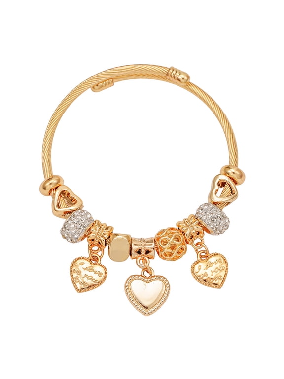 Lulena 14K Gold Plated Open Cuff Charm Bangle, Multi Heart Dangle & Pave Crystal Spacer Bead Adjustable Bracelet, Love Theme Statement Jewelry for Women