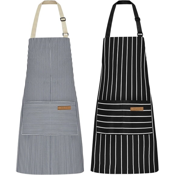 Homlyo 2 Pcs Kitchen Cooking Aprons, Poly/Cotton Blend Adjustable Soft Bib Stripe Aprons with 2 Pockets for Women Men Chef (Blue Pinstripes/Black Stripes)