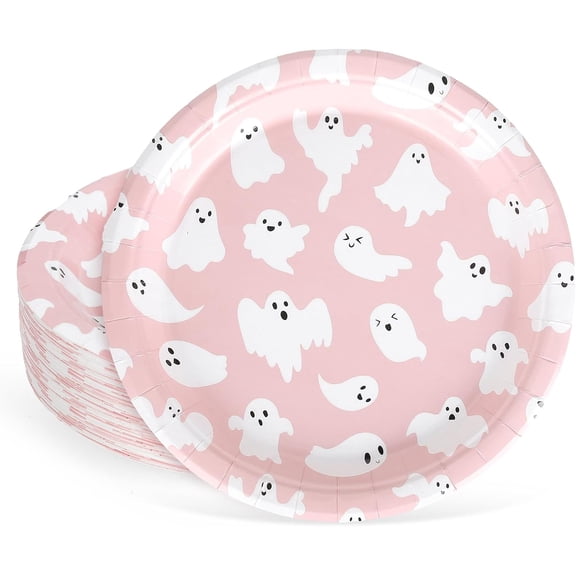 Homlyo 20Pack Pink Ghost Halloween Paper Plates, Disposable Round Party Plates, Cute White Ghost Pattern Dinner Plates for Halloween Party Decorations