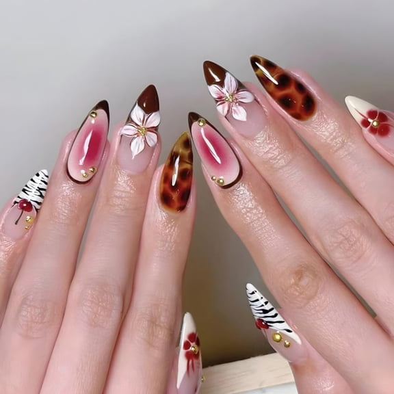 Homlyo 24PCS Leopard Print with Cherry Blossom & Pink Gradient Medium Long Stiletto Press-On Nails Vintage Fake Nails with Retro Animal Print & Floral Accents, Glue-On Nails Kit for Women Girls