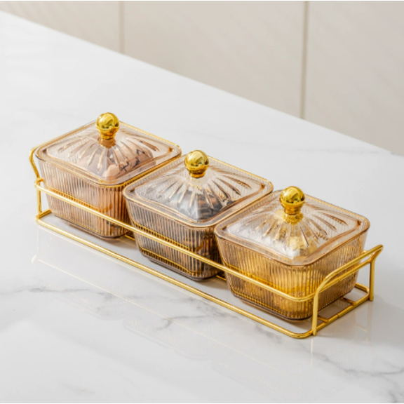 Homlyo 3 Pieces Amber Clear Snack Box with Lid & Gold Metal Stand, Divided Candy Nut Serving Container, Decorative Storage Jar for Dried Fruit, Dessert, Coffee Table