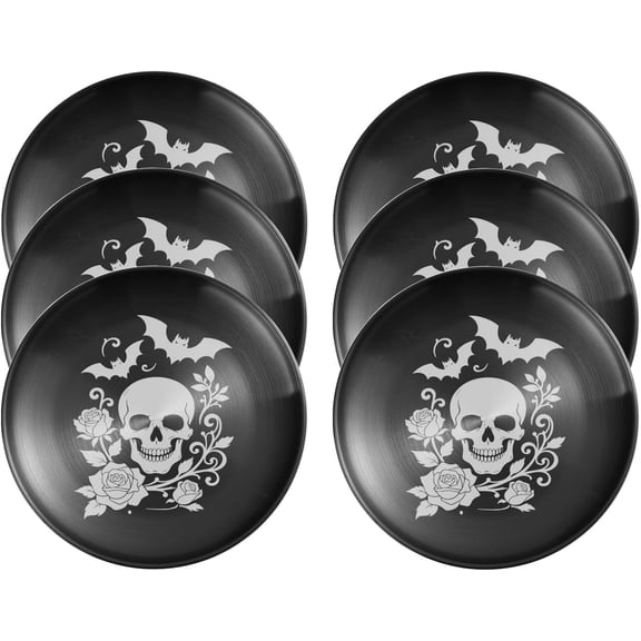 Homlyo 6PCS Halloween Gothic Dinner Plates, 8.07 Inch Round Kitchen PP Dish Plates, Unique Skull Bat Rose Pattern Design, Reusable Dinnerware Set for Dinner, Party, Camping, Dishwasher Safe