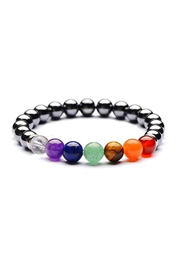 7 Chakra Natural Stone Beaded Bracelet, Black Hematite Healing Crystal Stretch Bracelet, Yoga Meditation Energy Balance Wrist Jewelry for Men Women