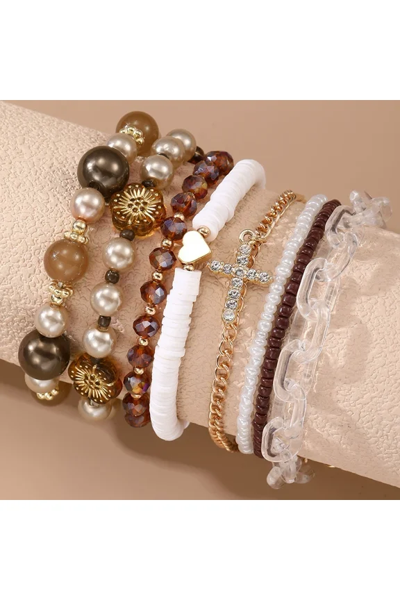 8-Piece Retro Coffee Brown Beaded Bracelet Set, Boho Multi-Layer Stretch Bracelets