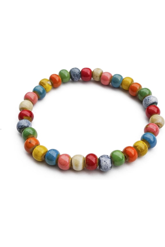 Boho Rainbow Dyed Flat Stone Bead Bracelet, Mixed-tone Natural Stone Elastic Stackable Wrist Jewelry