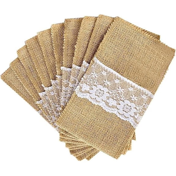 Homlyo Burlap with Lace Cutlery Holder for Rustic Weddings (Set of 10)