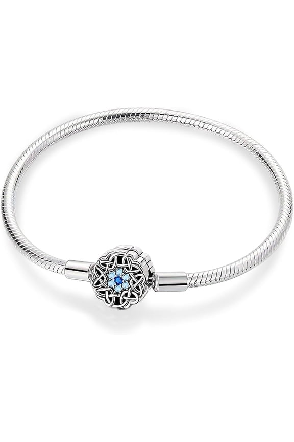 Celtic Knot Blue Crystal Snake Chain Charm Bangle, Silver Plated DIY European Bead Charm Bracelet, Hypoallergenic Celtic Knot Clasp Bangle Jewelry Gift for Women