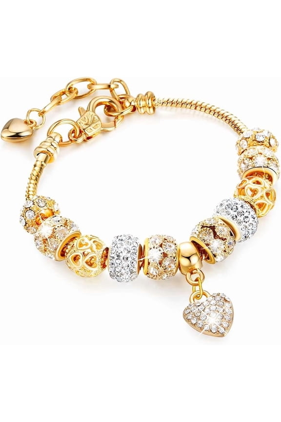 Gold Beads Bracelets Rhinestone Heart Charm Luxury Adjustable Bangle for Women
