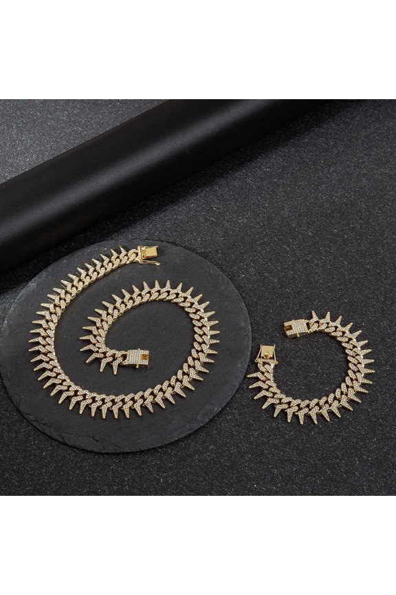 Gold Spiked Rhinestone Chain Necklace And Bracelet Set, Punk SpurShaped Crystal HipHop Jewelry Kit