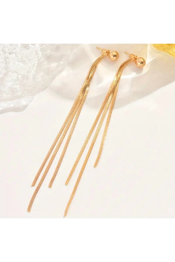 Gold Tassel Dangle Drop Earrings for Women,Herringbone Chain Fringe Ball Front Back Earrings,Trendy Long Link Ear Prom Cocktail Jewelry