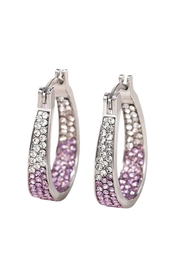 Gradient Purple White Pave Rhinestone Oval Hoop Earrings, Silver Plated Click Top Huggie Crystal Hoop Earrings for Women