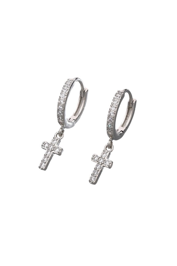 Hypoallergenic Silver-Tone Cross Hoop Earrings, Nickel-Free Cubic Zirconia Cross Dangle Earrings