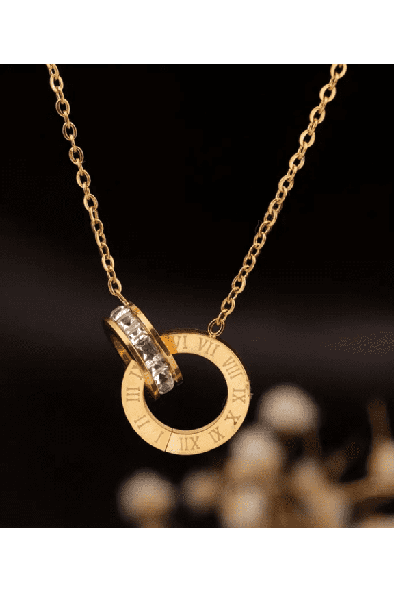 Interlocking Double Circle CZ Pendant Necklace, 14K Gold Plated Adjustable Cable Chain Two Rings Crystal Choker Necklace, Minimalist Everyday Dainty Jewelry Gift for Women