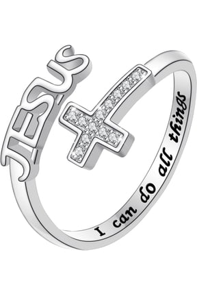 Jesus Cross Open Statement Ring: Adjustable English Bible Prayer Cross Pinky Rings for Women Birthday Valentines,Fit Finger Size 6-9