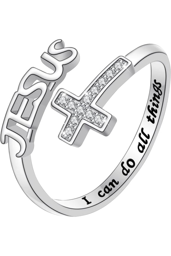 Jesus Cross Open Statement Ring: Adjustable English Bible Prayer Cross Pinky Rings for Women Birthday Valentines,Fit Finger Size 6-9