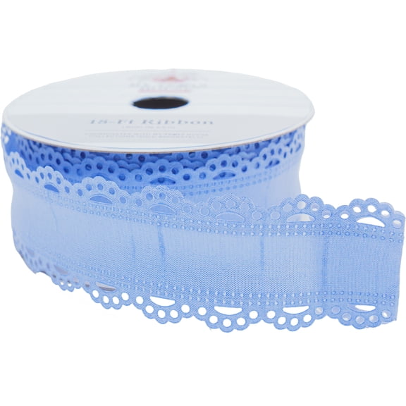 Homlyo Light Blue Double Scalloped Lace Edge Satin Ribbon Roll, Eyelet Lace Trim Fabric Ribbon for Bouquet Wrapping, Gift Box, Wedding DIY Crafts