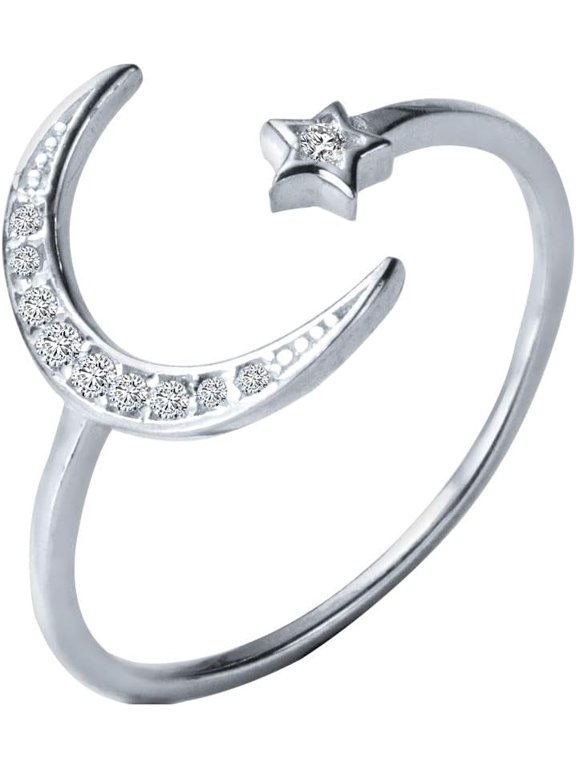 Moon Star Open Adjustable Ring, Silver Plated Pave CZ Crescent Moon & Star Open Wrap Band Ring for Women