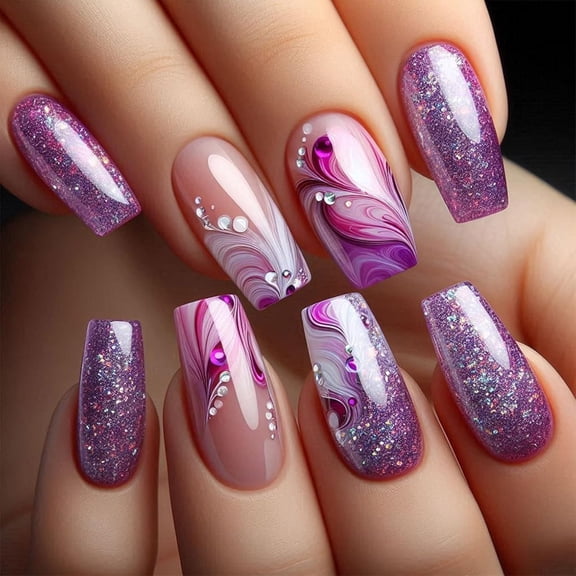 Homlyo Nail Art Fantasy Purple Star River - 24PCS Oval, Sparkling Powder, Geometric Patterns, Non-Toxic & Reusable, Salon Quality