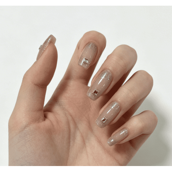 Homlyo Nude Clear Glitter Rhinestone Medium Coffin Press On Nails, 24Pcs Transparent Base Fake Nails with Tiny Diamond Decoration, Minimalist Daily Manicure Kit
