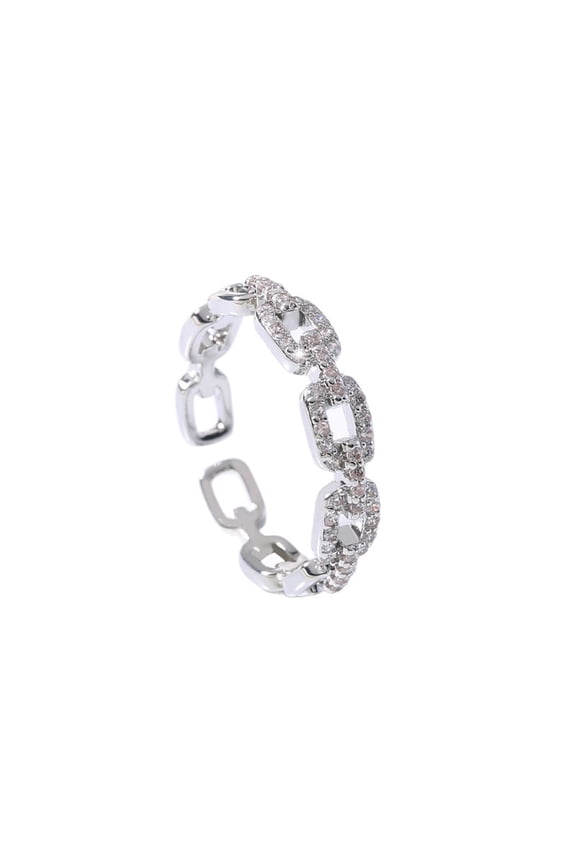 Open Adjustable Interlocking Link Chain Ring, Silver Plated Hollow Square Chain Wrap Open Band Ring for Women