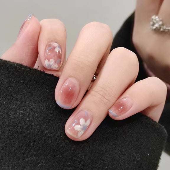 Homlyo Pink Blush Cloud Print Short Square Press On Nails, 24Pcs Natural Gradient Fake Nails with White Cloud Decoration, Nail Kit for Daily Wear