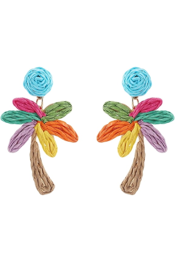 Raffia Palm Tree Dangle Earrings for Women Boho Coconut Tree Statement Dangle Earrings Handwoven Summer Beach Jewelry for Women