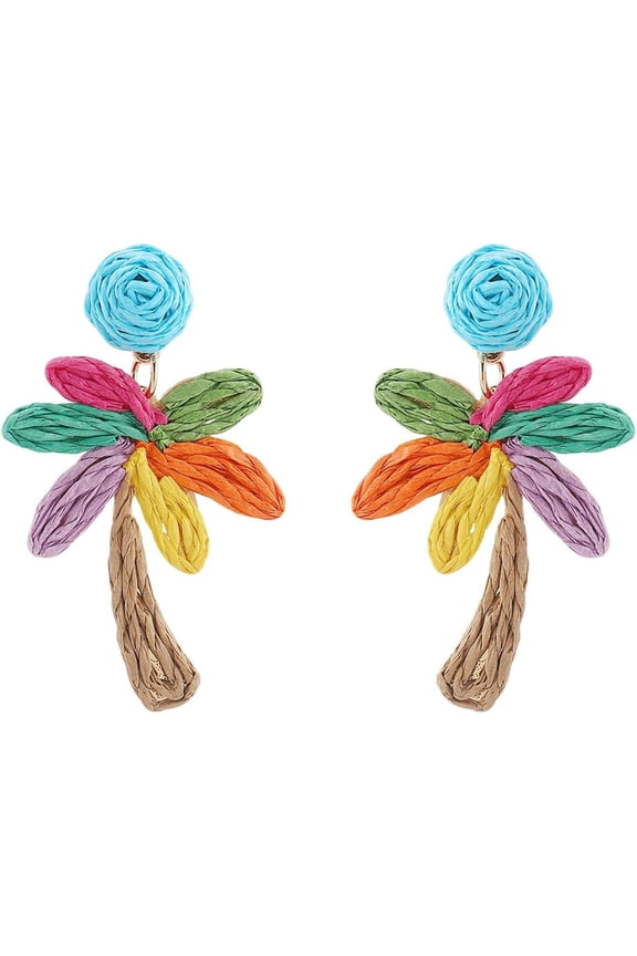 Raffia Palm Tree Dangle Earrings for Women Boho Coconut Tree Statement Dangle Earrings Handwoven Summer Beach Jewelry for Women