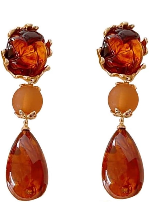 Retro Amber Statement Earrings, 3-Tier Floral Teardrop Drop Earrings