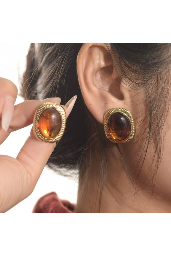 Retro Amber Statement Earrings, Hammered Gold Oval Gemstone Studs