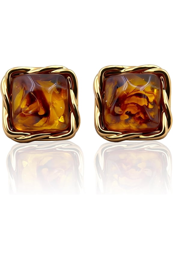 Retro Amber Statement Earrings, Hammered Gold Square Gemstone Studs
