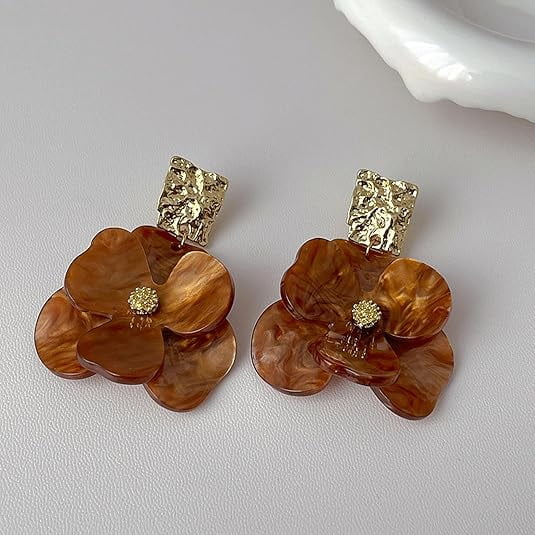 Homlyo Retro Tortoiseshell Flower Dangle Earrings, Boho Floral Statement Earrings