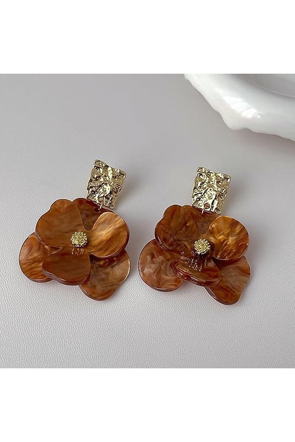Retro Tortoiseshell Flower Dangle Earrings, Boho Floral Statement Earrings