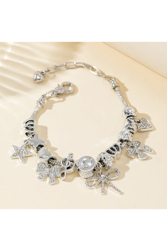 Silver Multi-Charms Beaded Bracelet, Star Bow Heart Crystal Dangle Adjustable Extension Chain Bracelet, Sweet Y2K Stackable Charm Jewelry for Women Girls
