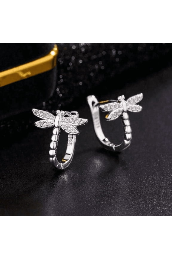 Silver Paved CZ Dragonfly Huggie Hoop Earrings, Twisted Textured Small Click Hoop Insect Dangle Earrings for Women