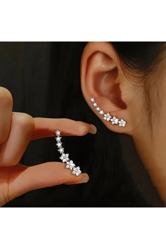 Homlyo Silver Paved Star Crystal Curved Crawler Earrings, Linear Half Moon Star Cluster Wrap Ear Climber Stud Earrings for Women