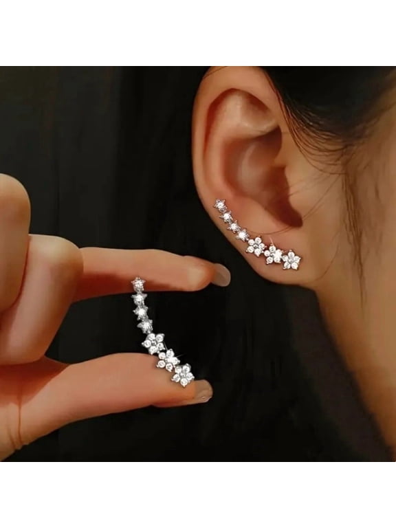 Silver Paved Star Crystal Curved Crawler Earrings, Linear Half Moon Star Cluster Wrap Ear Climber Stud Earrings for Women