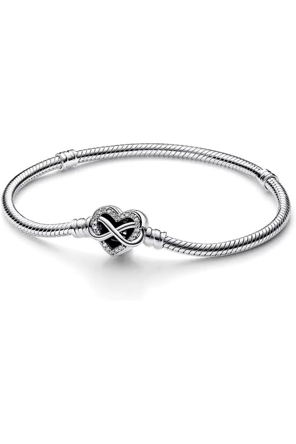 Silver Plated Infinity Heart Charm Bangle, Adjustable Snake Chain Bracelet for Women