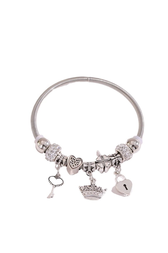 Silver Plated Open Bangle Charm Bracelet, Crown Heart Lock & Key Dangle Bead Bangle, DIY European Charm Statement Bracelet for Women
