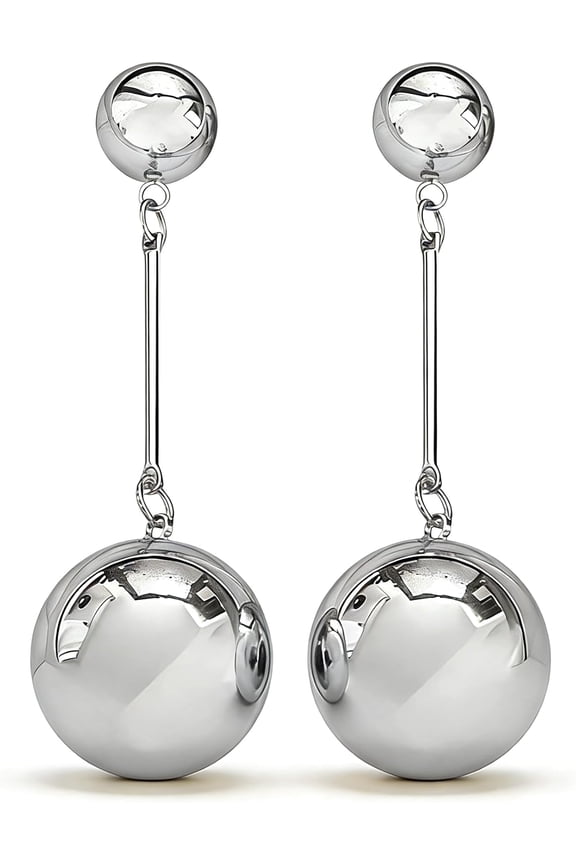 Sleek Silver Two Ball Long Drop Earrings, Polished Stainless Steel Double Sphere Linear Dangle Earrings for Women Minimalist Jewelry
