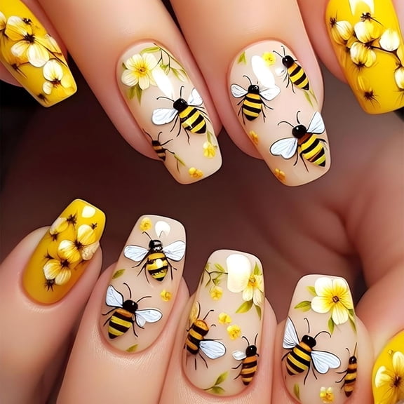 Homlyo Sunny Bee Nails Press-On Nails - 24PCS Medium Long Coffin, Non-Toxic & Reusable
