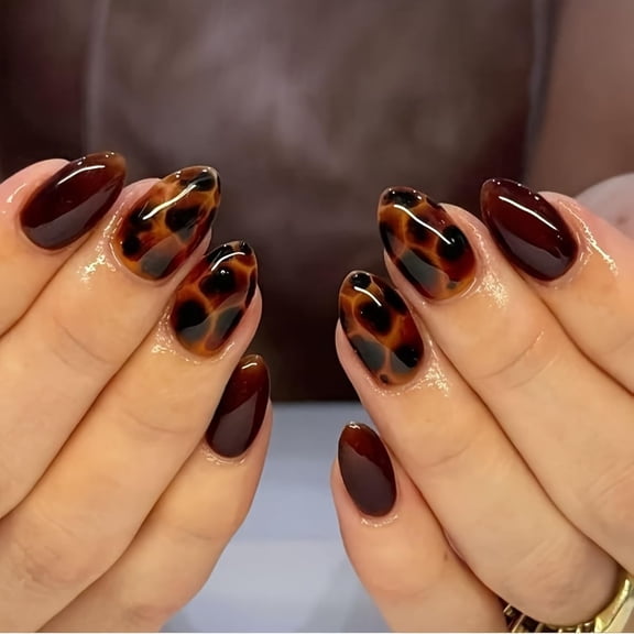 Homlyo Tortoiseshell & Solid Brown Press-On Nails, Short Almond Glossy False Nail Kit