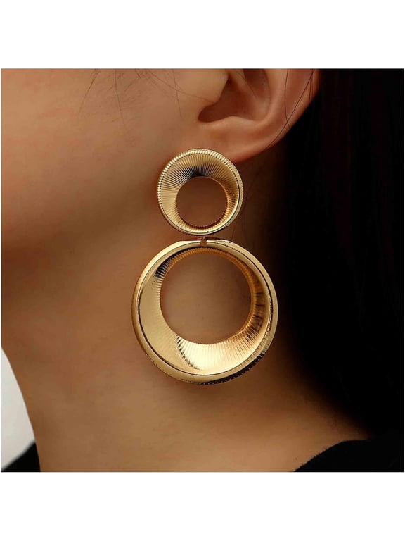 Lulena Two-Tier Hammered Gold Double Circle Drop Earrings Chunky Textured Interlocking Hollow Hoop Earrings Minimalist Geometric Statement Jewelry for Women