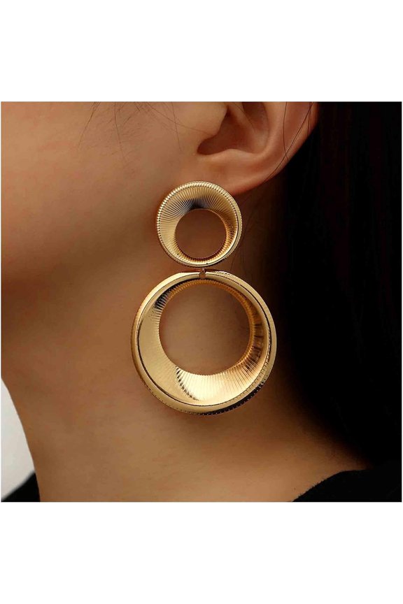 Lulena Two-Tier Hammered Gold Double Circle Drop Earrings Chunky Textured Interlocking Hollow Hoop Earrings Minimalist Geometric Statement Jewelry for Women