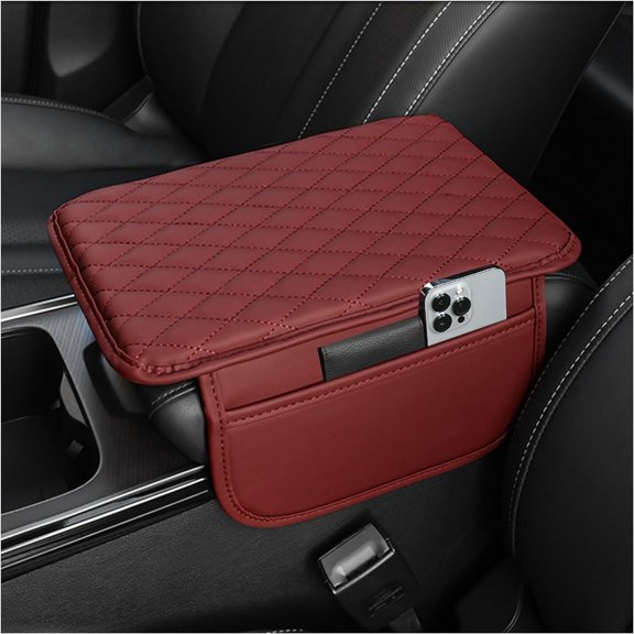 Homlyo Upgraded Car Center Console Cover,Microfiber Leather Car Armrest Cover Cushion with 2 Storage Bags,Universal Car Armrest Storage Box (Red)