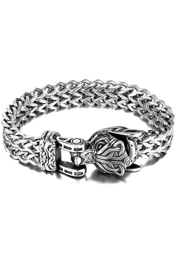 Viking Wolf Head Bracelet, Mens Stainless Steel Heavy Chain Curb Bracelet
