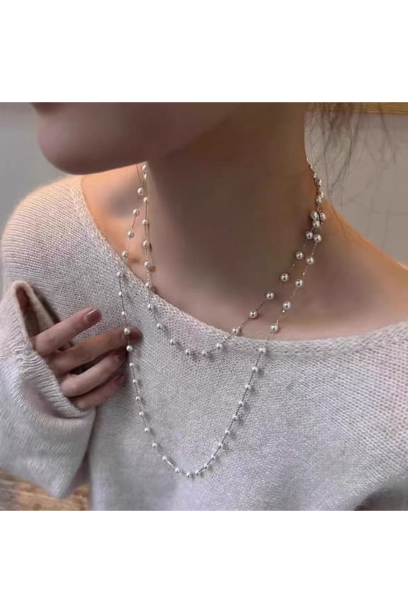 White Pearl Long Strand Necklace, Versatile Multi-Layer Wrap Chain for Women Wedding Daily Wear