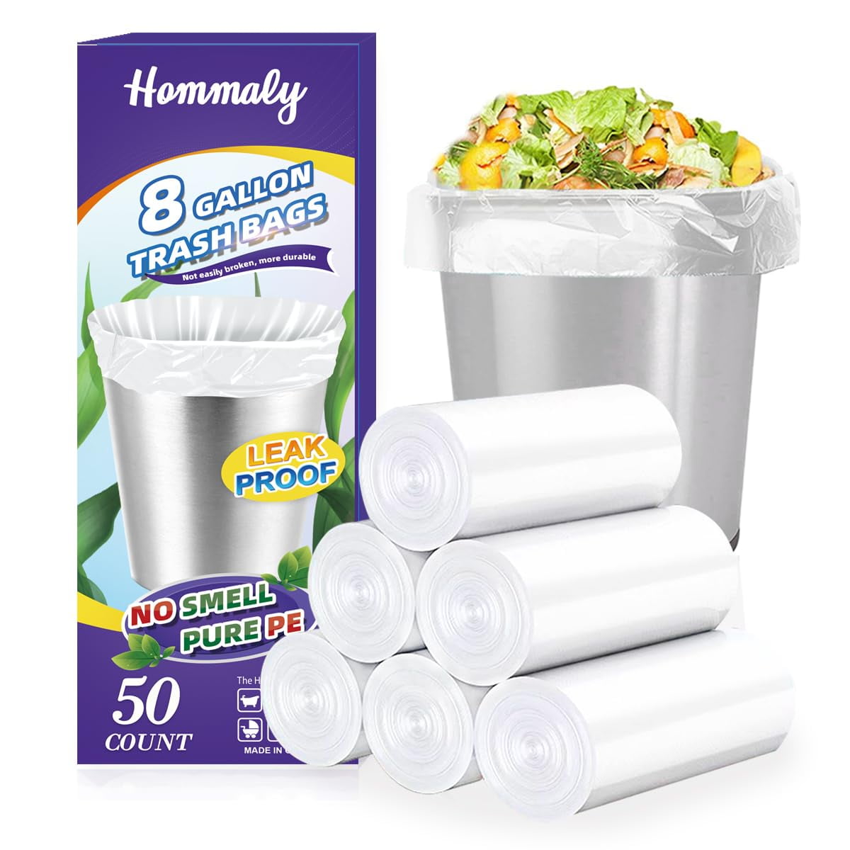 Hommaly 8 Gallon 50pcs Medium Clear Trash Bags Strong Clear Garbage Bags, Bathroom Trash Can Bin Liners, Plastic Bags for Office, Waste Basket Liner, Fit 12-15 Liter, 6,7,8 Gal(8G50-Clear)