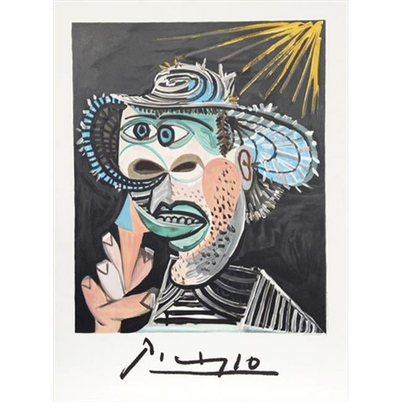 Homme Au Cornet Lithograph on Paper in Green, Gray, Black, Yellow