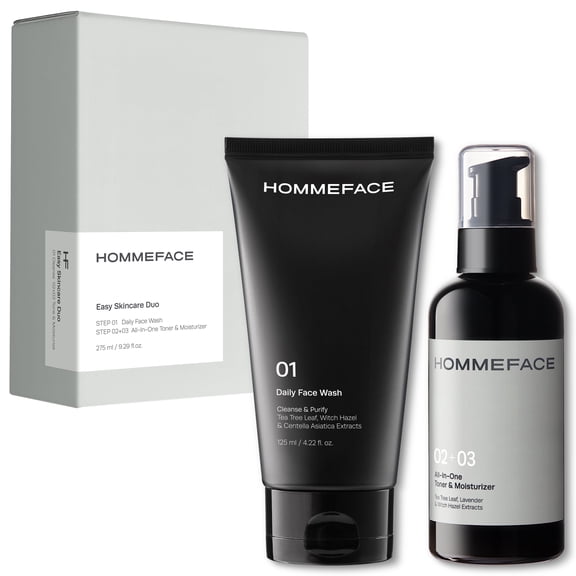 HOMMEFACE Easy Skincare Men's 2-Step Daily Routine Kit, Facial Cleanser and 2-in-1 Face Toner and Moisturizer, For Oily and Acne-Prone Skin, 9.29 fl oz