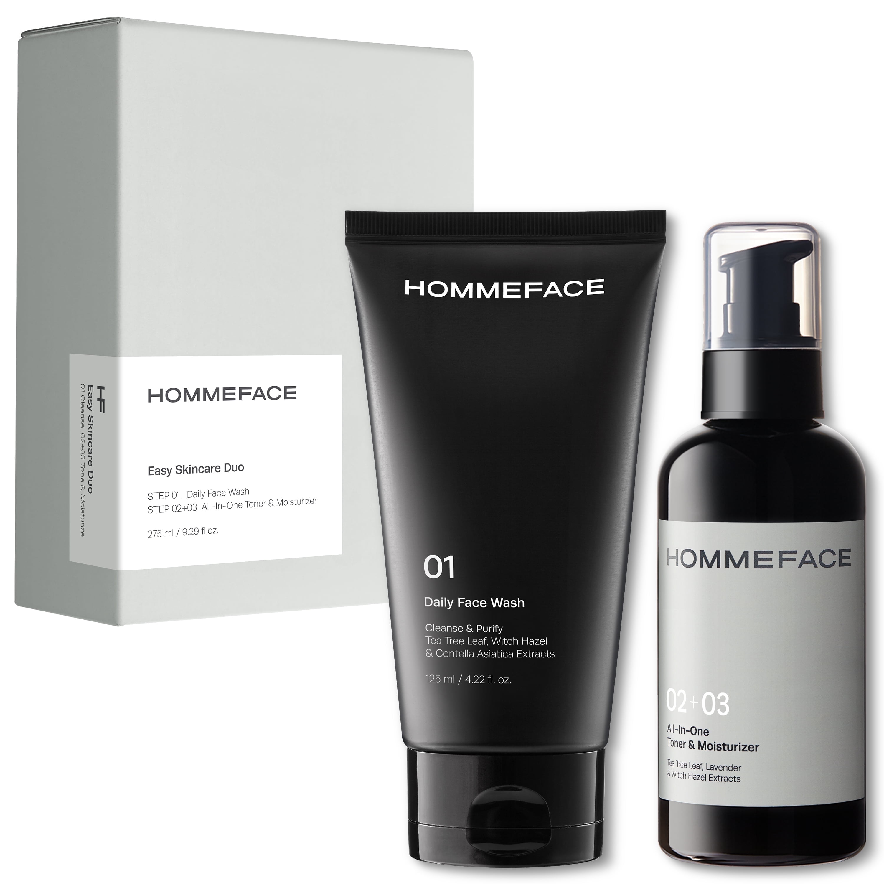 HOMMEFACE Mens Easy Duo Skin Care Set, 2-Step Daily Routine Kit with Facial Cleanser and 2-in-1 Face Toner & Moisturizer for Men, For Oily & Acne-Prone Skin, 9.29 fl.oz.
